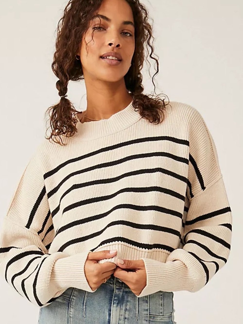 Free People Easy Street Stripe Crop Pullover - Cream/ Black Stripes